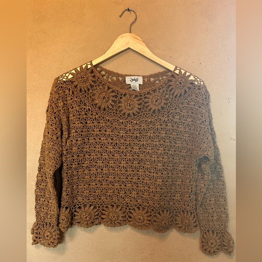 Cropped crochet walnut brown sweater